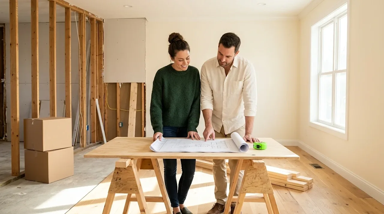 Professional marketing photography of a bright home interior in the middle of a remodeling project. A thoughtful couple stand