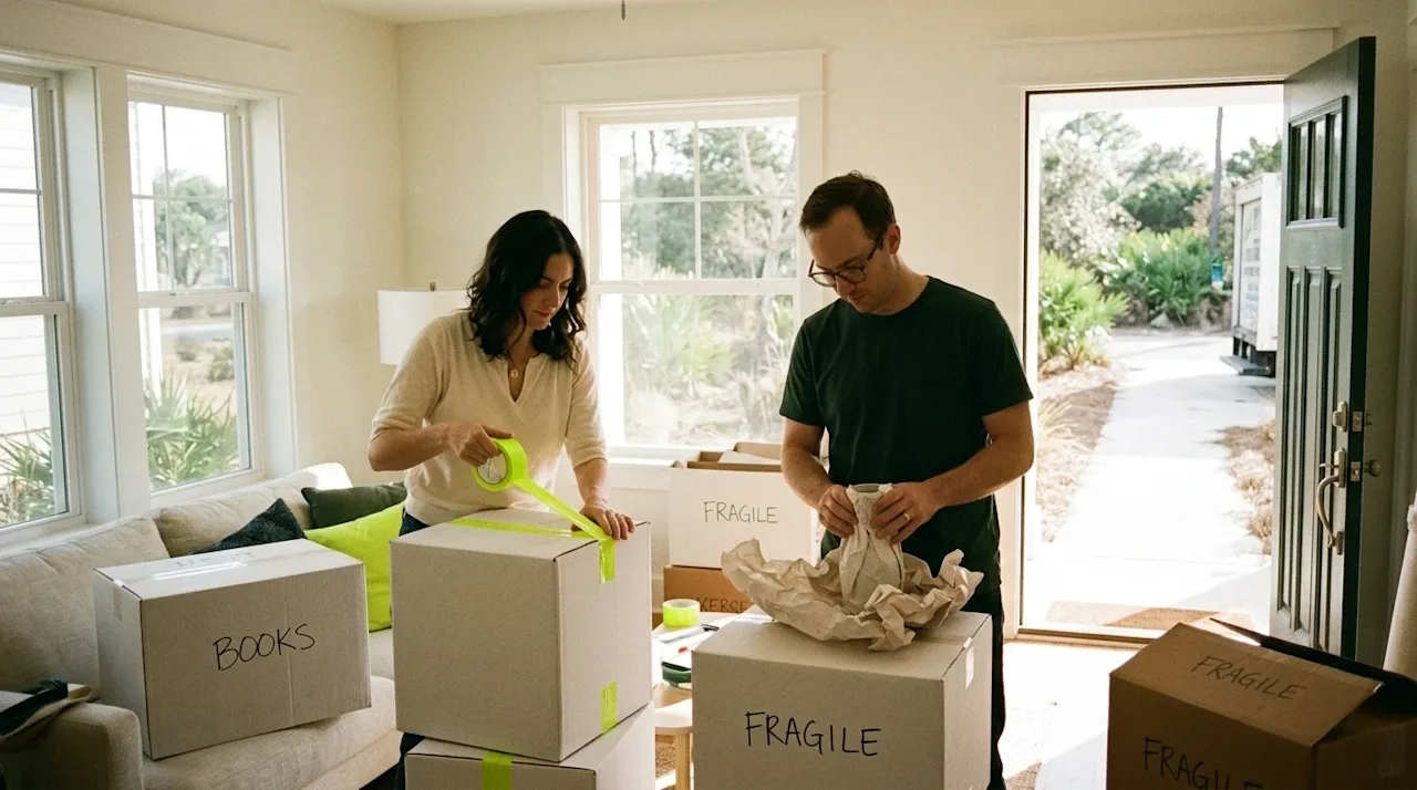 Candid lifestyle 35mm film photography of a couple packing for a DIY move in a bright, sunlit coastal home in Pensacola. Warm