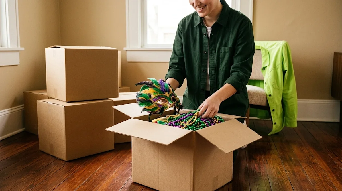 Clear, professional marketing photography, candid lifestyle shot. A smiling person wearing a dark forest green shirt is packing Mardi Gras garb.