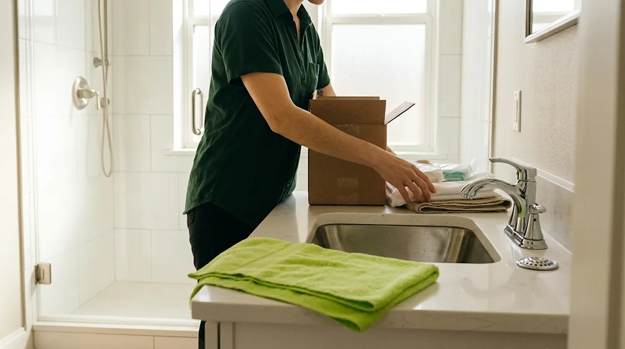 A professional marketing lifestyle photograph of a brightly lit, newly renovated home bathroom. A person wearing a dark fores