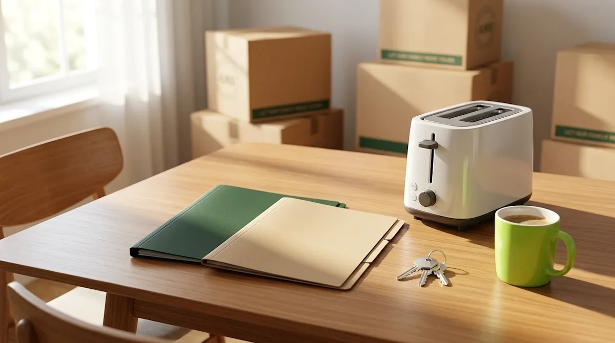 A white toaster, green mug filled with coffee, keys, and two folders on a smooth wooden dining table surrounding by moving boxes.