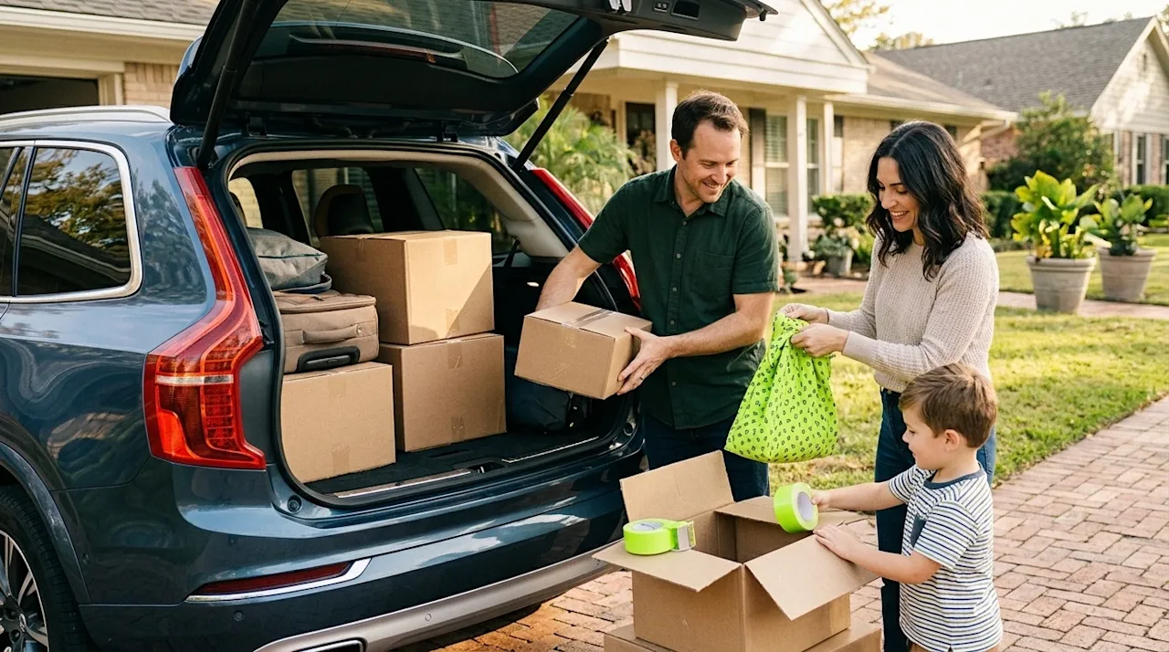 Candid lifestyle photography of a family packing a modern SUV for a move, parked in a sunlit suburban driveway. The trunk is