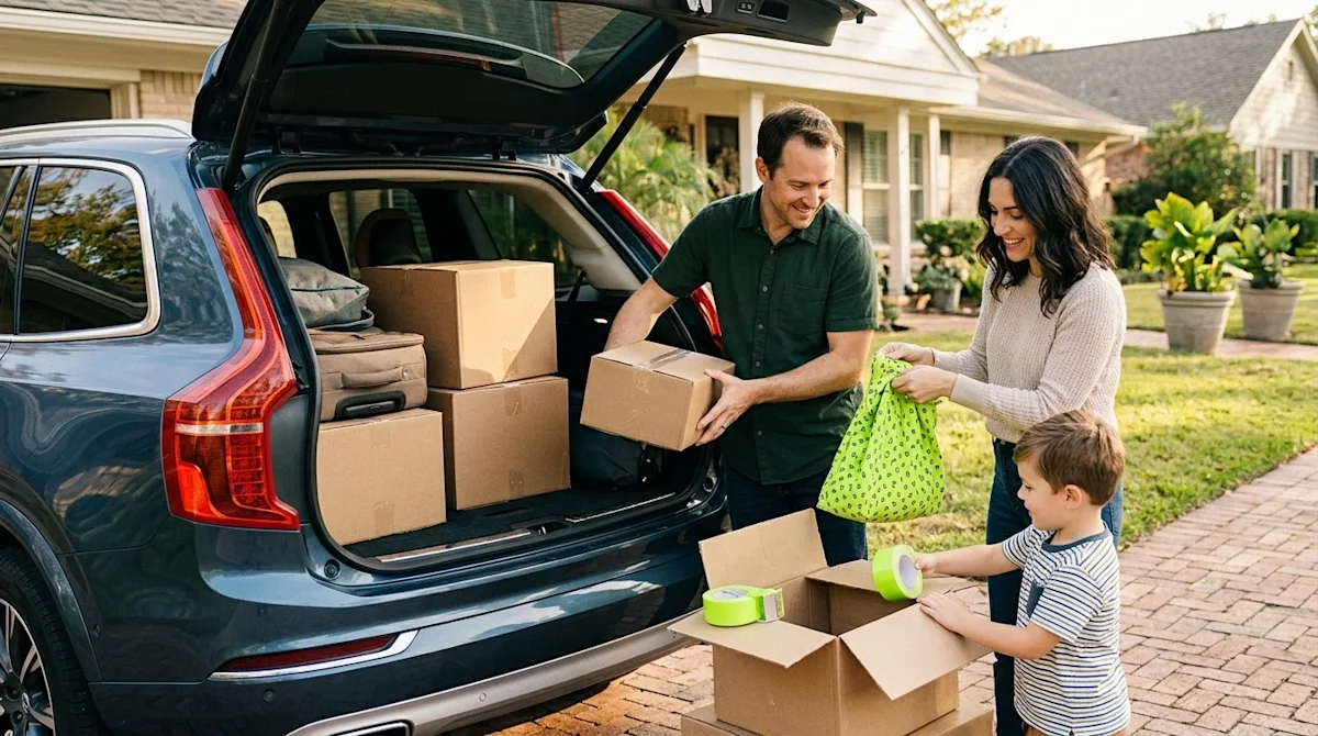 Candid lifestyle photography of a family packing a modern SUV for a move, parked in a sunlit suburban driveway. The trunk is