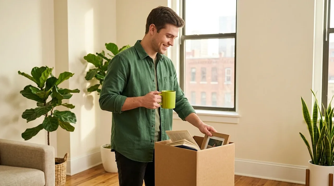 Clear and professional lifestyle marketing photography. A happy, optimistic single young adult standing in a cozy, sunlit mod