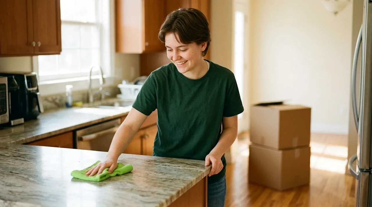 Candid lifestyle photography of a smiling person efficiently cleaning a bright, warm kitchen. The person is wiping down a nat
