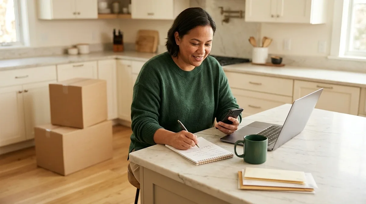 Professional marketing photography of an organized adult sitting at a modern kitchen island in a warmly lit home, actively us