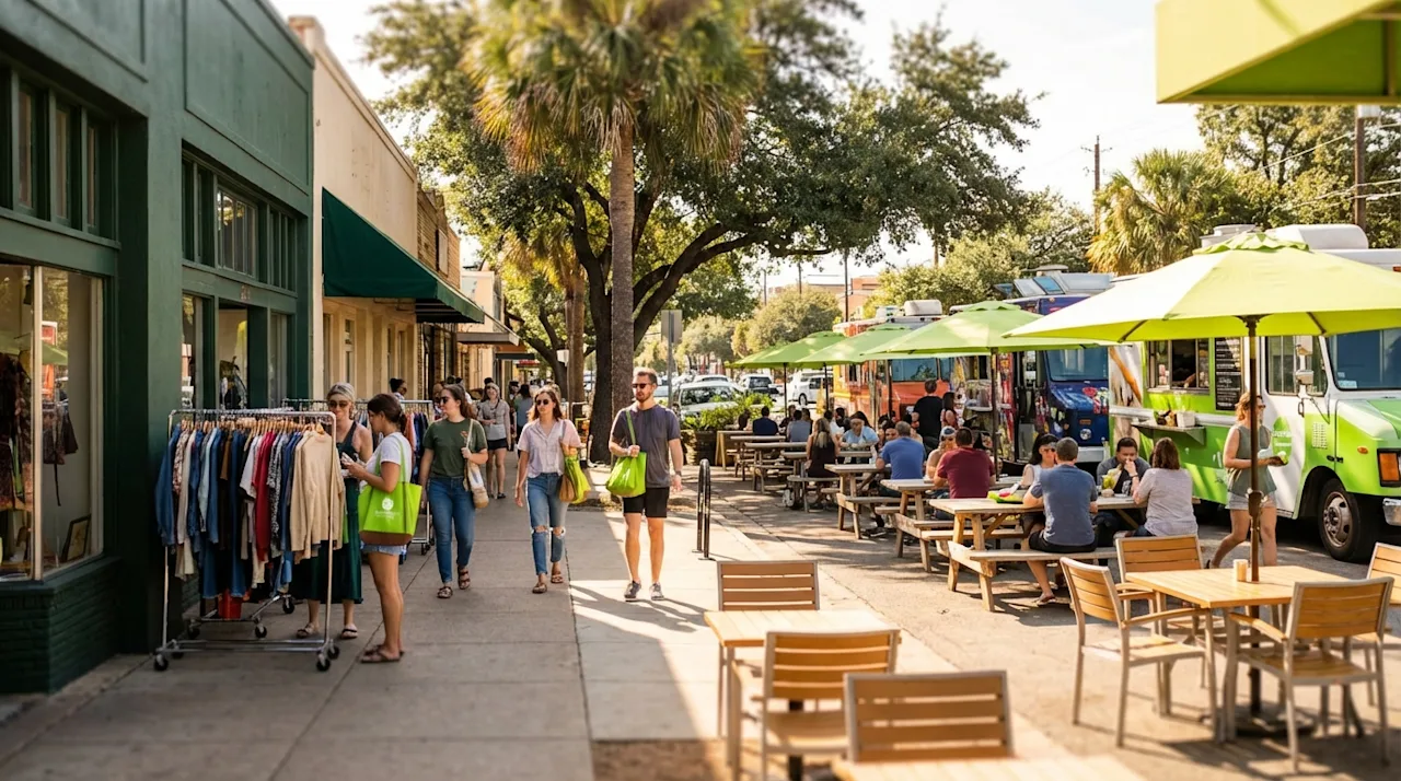 People browsing vintage shops and dining at a sunny food truck park on South Congress Avenue in Austin.