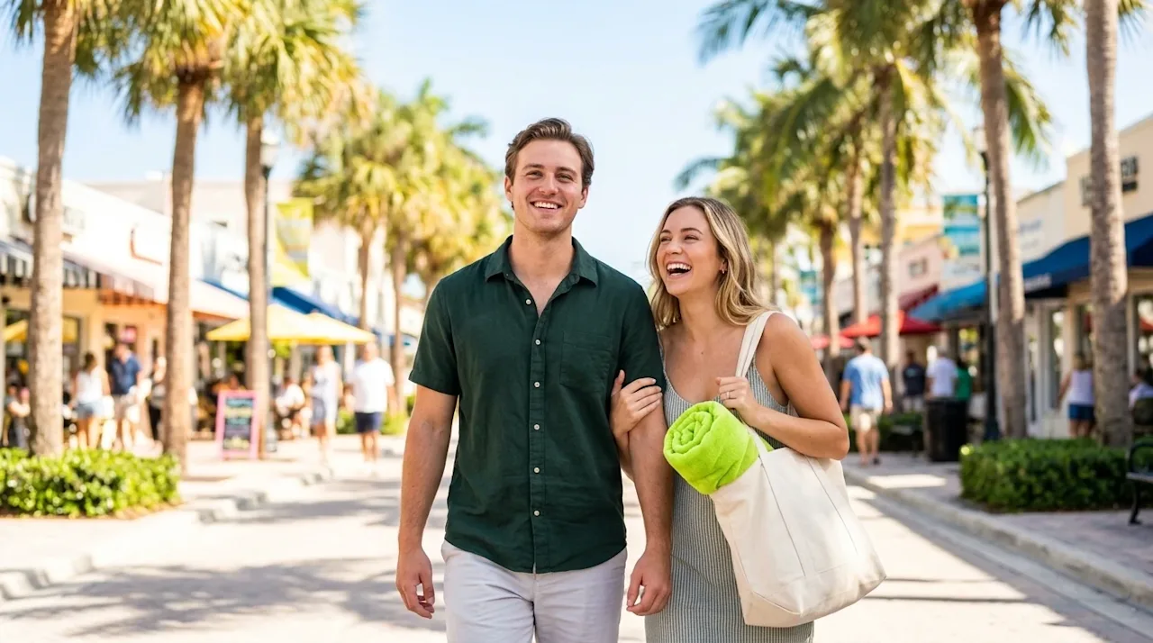 Clear and professional marketing photography of a joyful young couple walking down a vibrant, sunlit, palm-tree-lined avenue