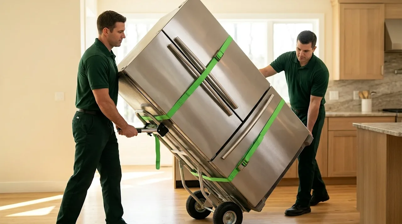 Professional marketing photography, a high-quality full-bleed image showing two strong, professional movers carefully transporting a refrigerator.