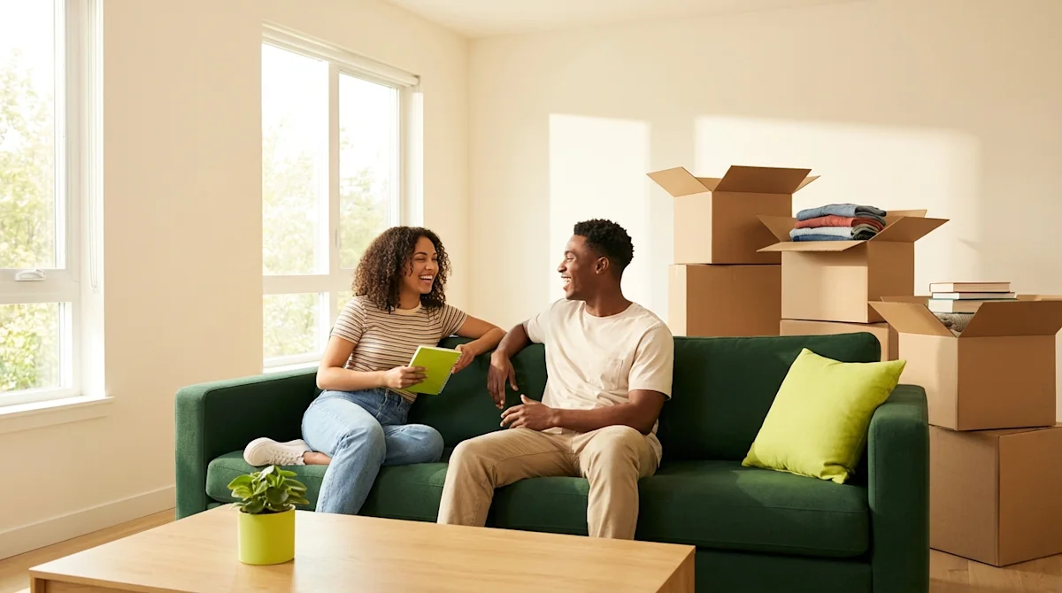 Two roommates chatting on a green sofa in a sunlit living room with moving boxes in the background.