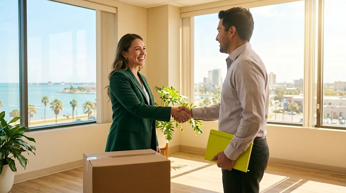 A warm, authentic lifestyle photograph of a professional smiling and shaking hands with a colleague in a bright, sunny office