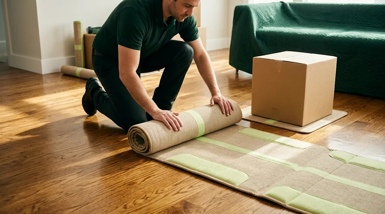 Candid, photorealistic photography of a professional mover carefully protecting a beautiful, polished oak hardwood floor duri
