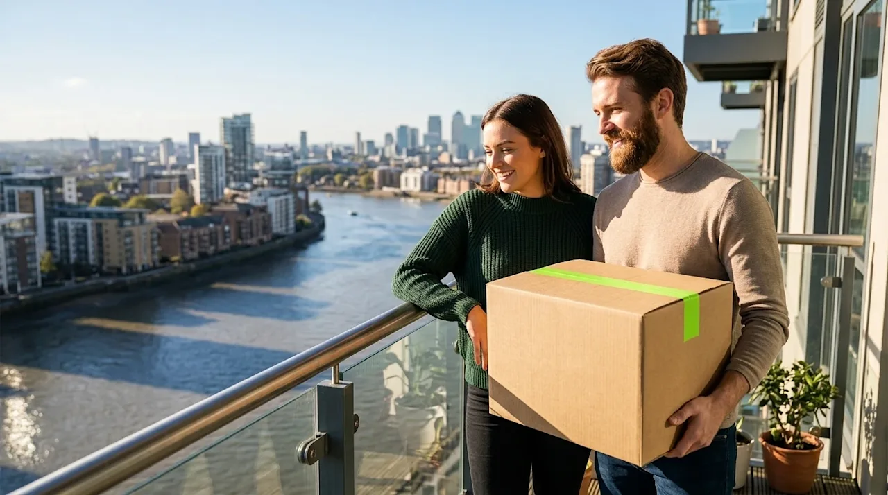 Professional marketing lifestyle photography of a happy couple standing on the balcony of their new home, looking out over a