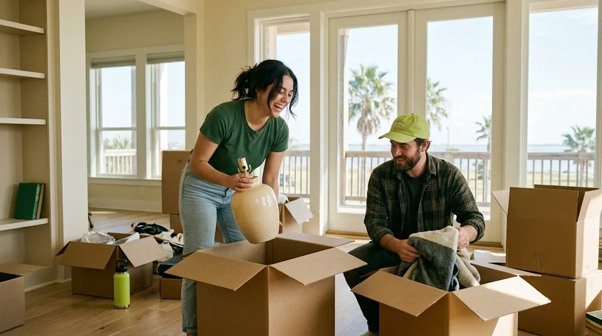 Candid 35mm film lifestyle photography of a happy couple unpacking plain cardboard moving boxes in a bright, airy coastal hom