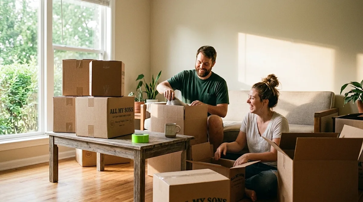 A candid lifestyle photograph of a happy couple unpacking brown cardboard boxes in the bright, sunlit living room of their ne