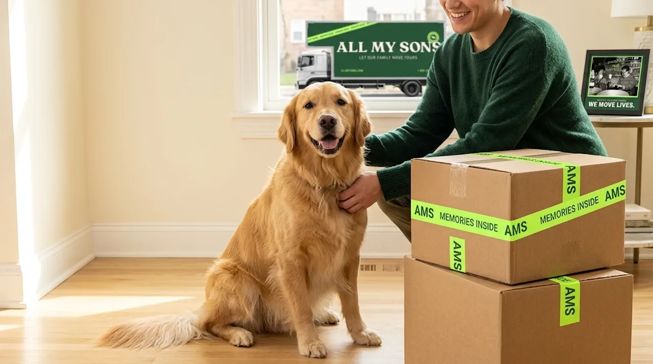 Professional marketing photography, candid lifestyle shot. A happy golden retriever dog sitting comfortably next to two neatl