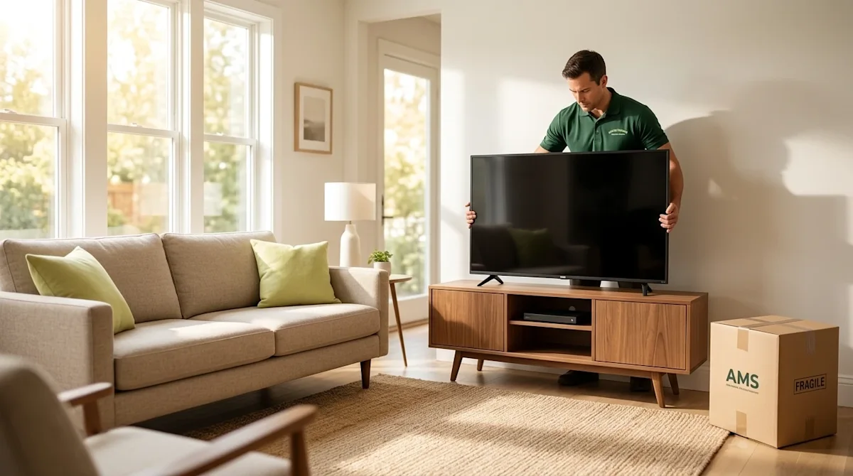 Professional marketing photography of a bright, inviting modern living room where a professional mover is carefully and exper