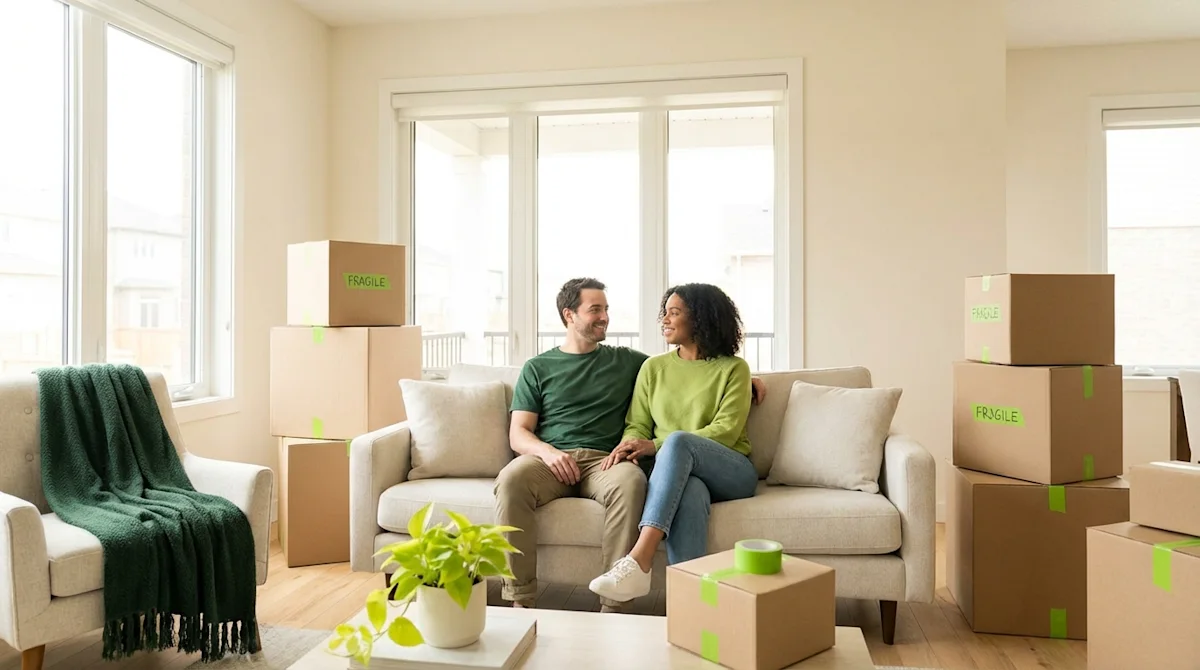 Happy couple relaxing in a bright new home among organized moving boxes with green brand accents.