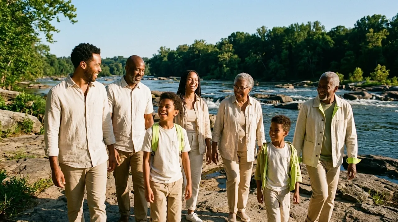 Candid 35mm film lifestyle photography of a happy family enjoying a sunny afternoon along the scenic James River in Richmond,
