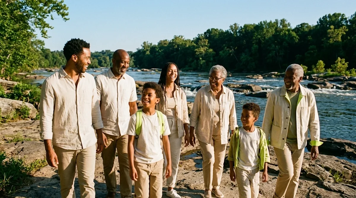 Candid 35mm film lifestyle photography of a happy family enjoying a sunny afternoon along the scenic James River in Richmond,