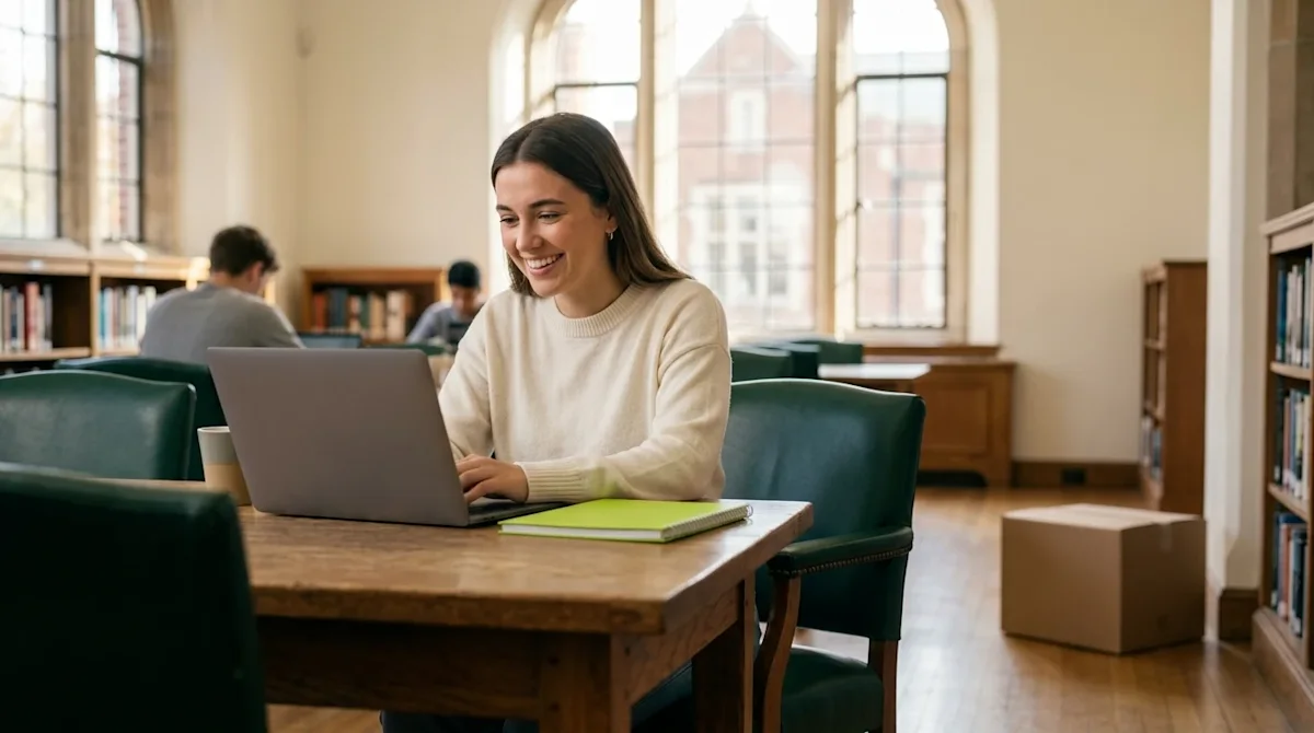 Professional marketing photography of a happy young adult college student sitting at a wooden desk in a bright, naturally lit