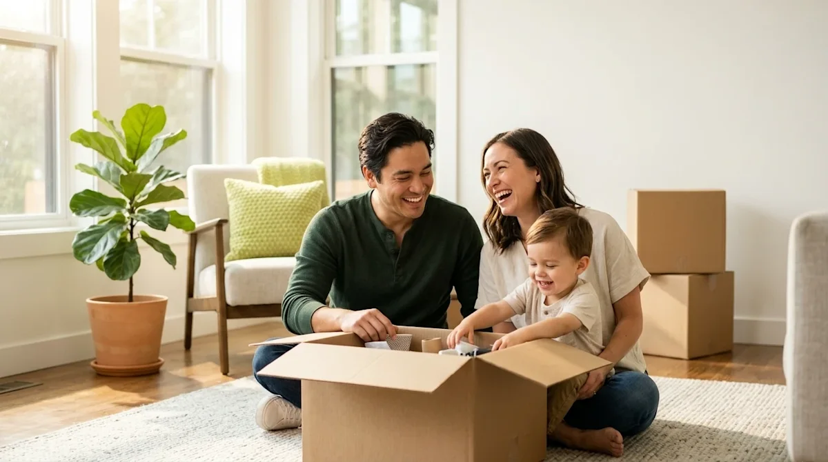 Professional lifestyle marketing photography of a joyful family taking a relaxing break on Moving Day in the bright, sunlit l
