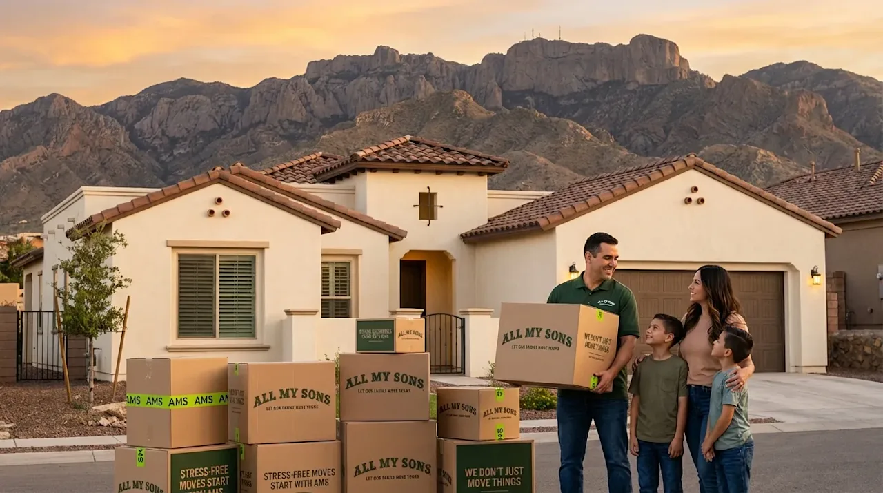Happy family with All My Sons moving boxes at an El Paso home with Franklin Mountains in the background.