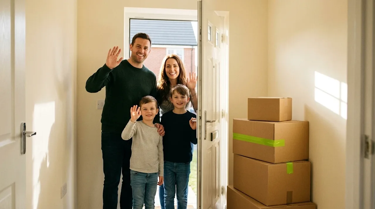 A welcoming, high-quality lifestyle photograph capturing a smiling family opening the front door of their new home to invite