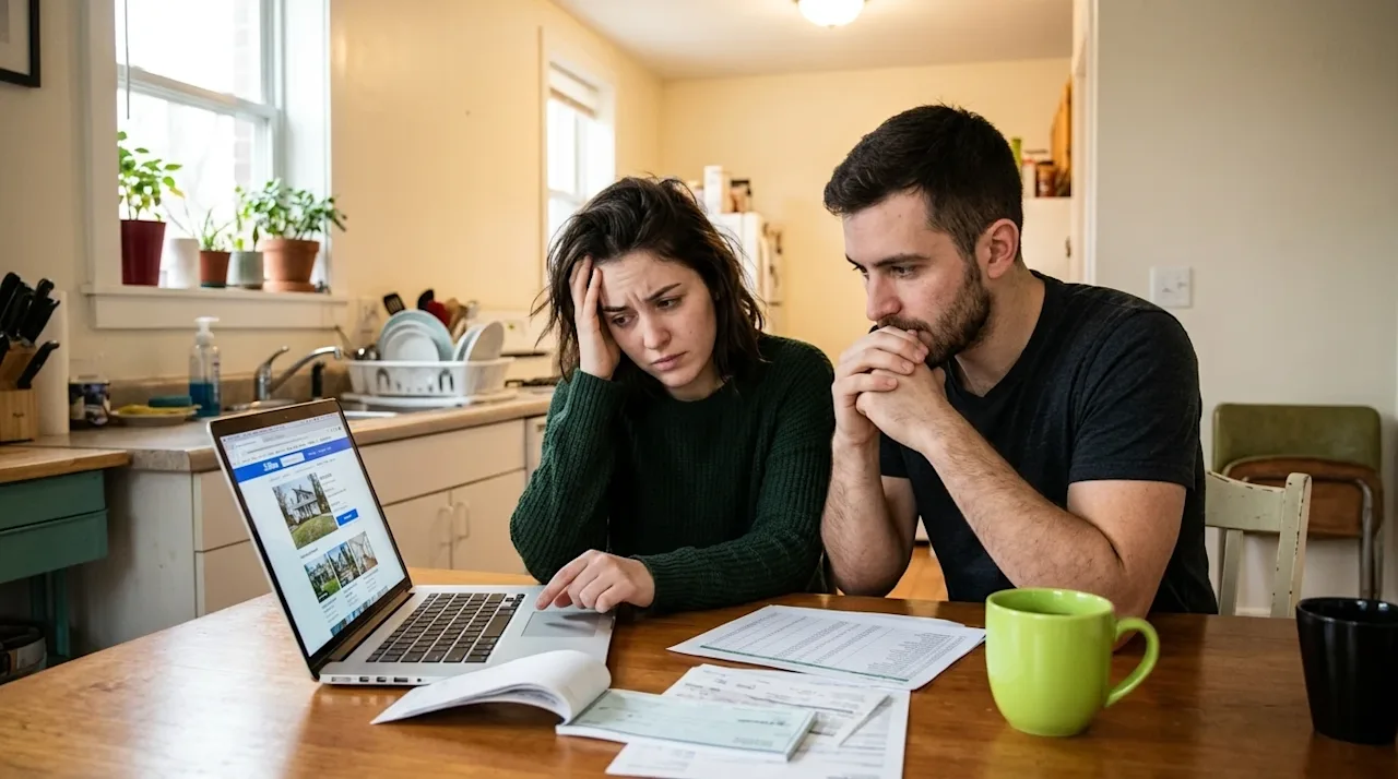 A candid, realistic photograph of a young couple sitting at a warm wooden kitchen table, looking visibly stressed and concern