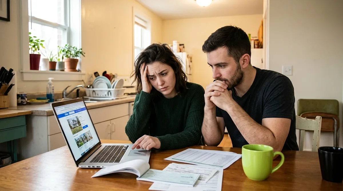 A candid, realistic photograph of a young couple sitting at a warm wooden kitchen table, looking visibly stressed and concern