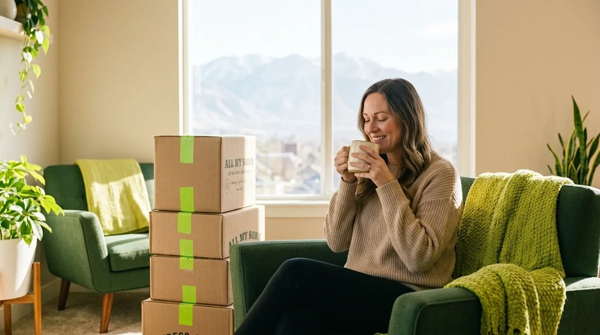 Candid lifestyle photography of a relaxed, smiling woman sitting comfortably on a forest green mid-century chair in a bright