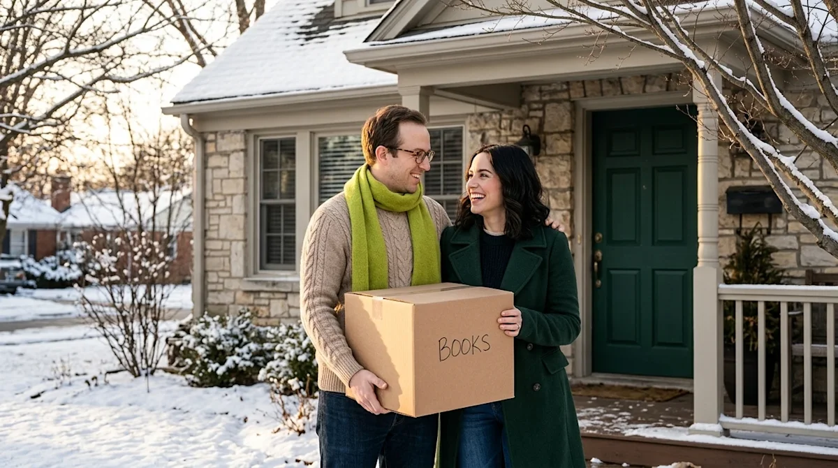 Professional lifestyle marketing photography of a happy couple moving into their new home during the winter season. The scene