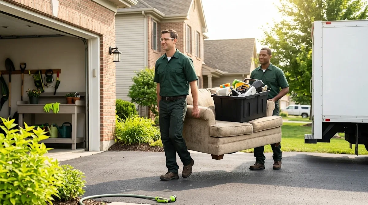 Professional marketing photography for a reliable junk removal service in a sunny suburban neighborhood. Two friendly, profes
