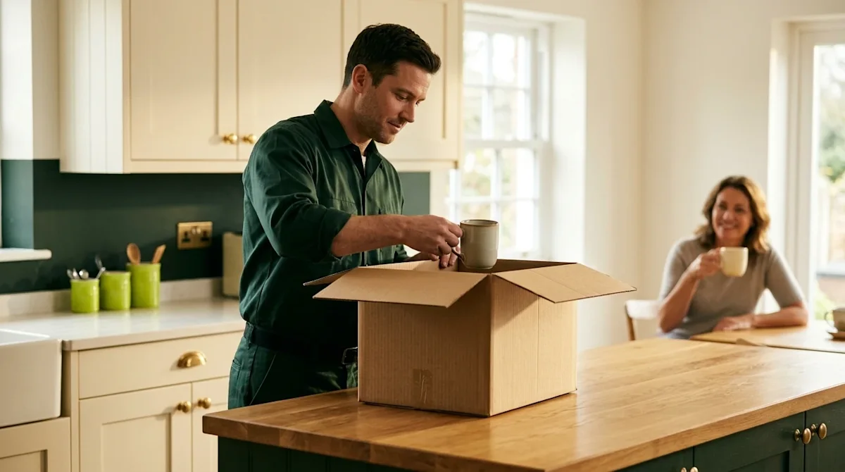 A candid, warm lifestyle photograph showing a stress-free full-service moving experience. A professional mover wearing a dark