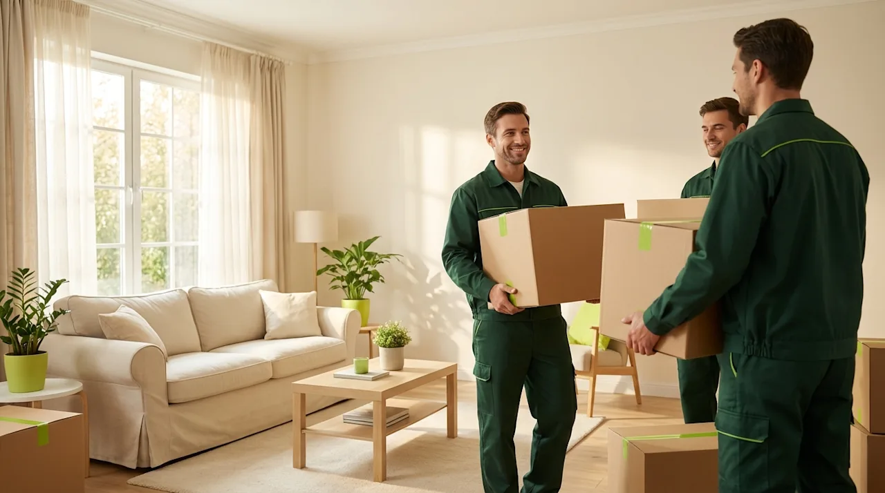 Friendly movers in green uniforms carrying cardboard boxes in a bright, modern home during National Moving Month.
