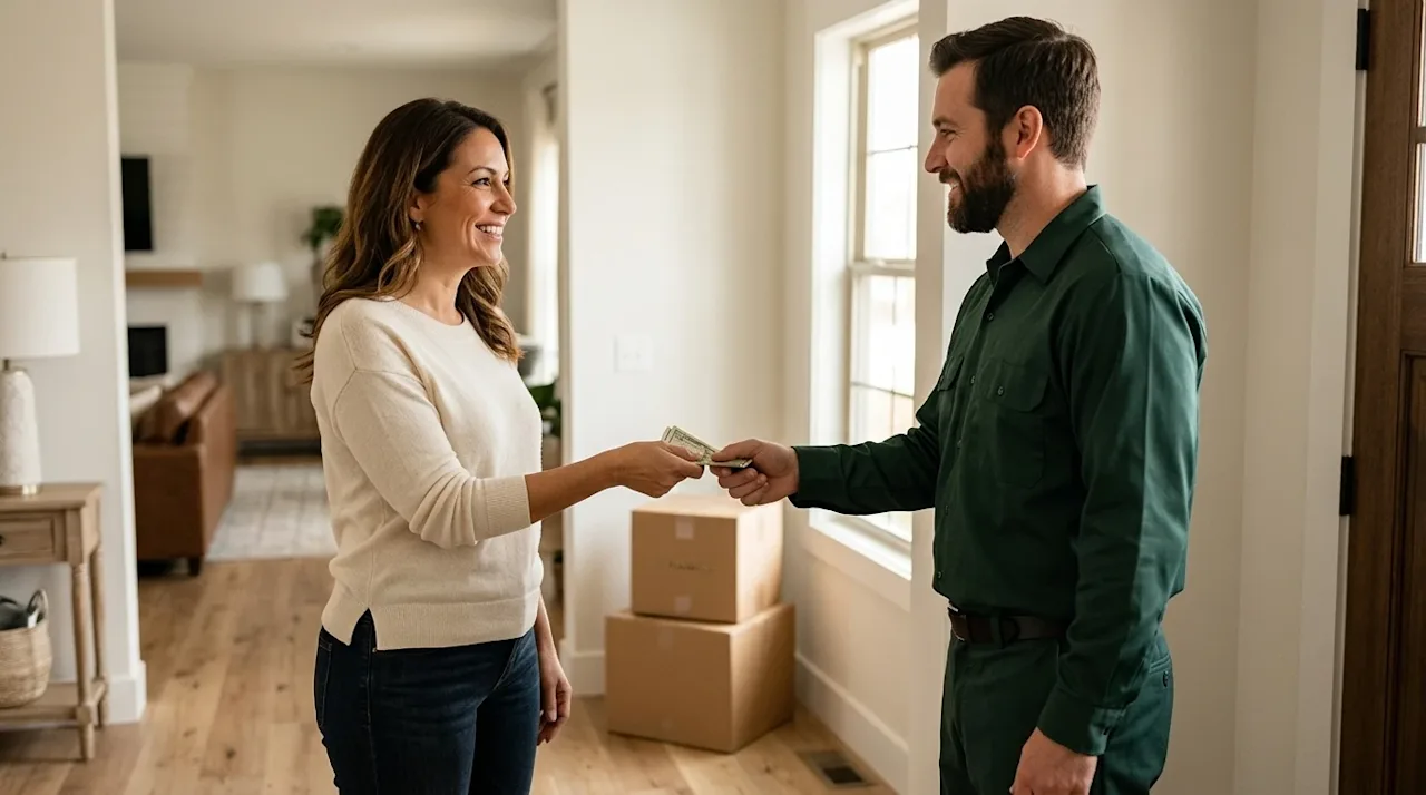 High-quality candid lifestyle photography capturing a stress-free moving experience. A relieved and smiling homeowner in a br