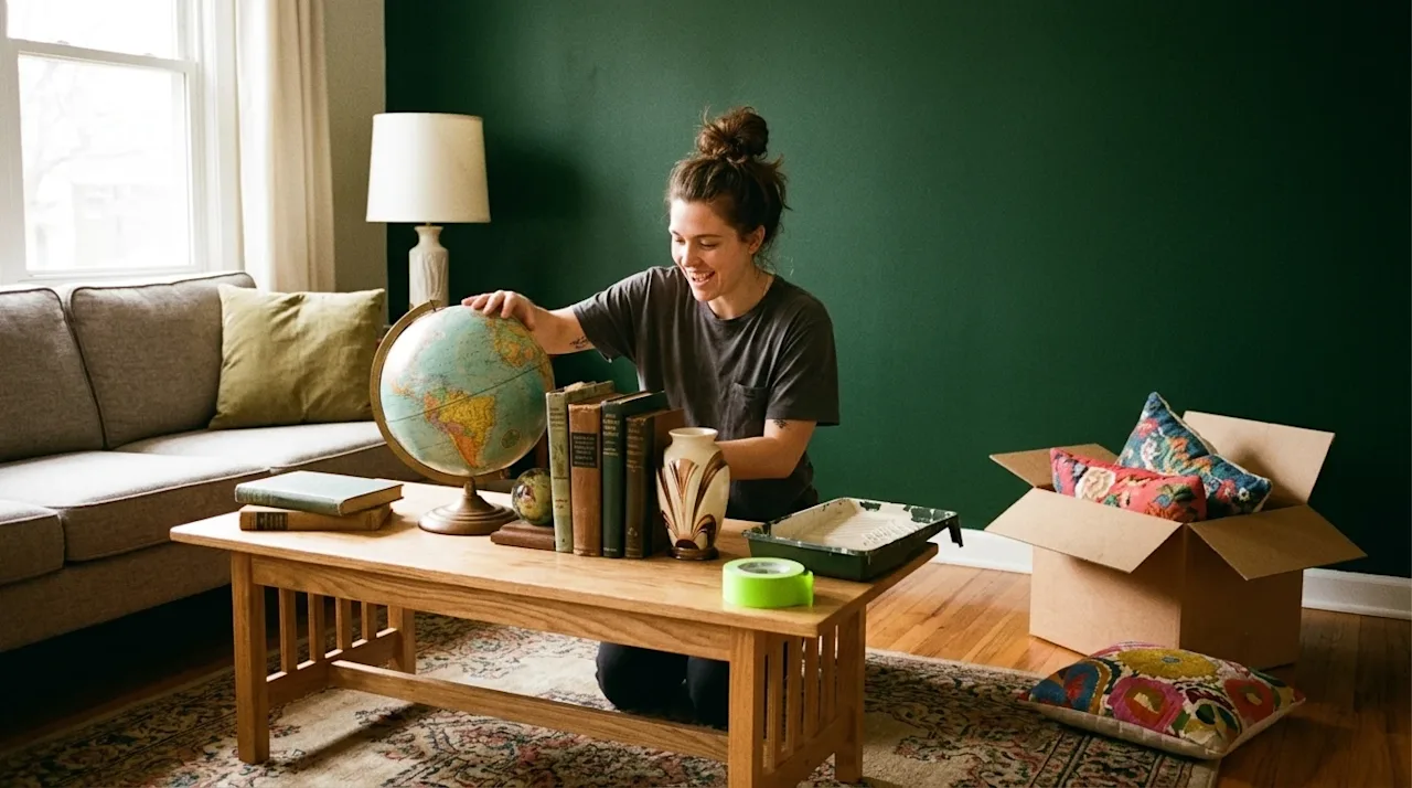 Candid lifestyle photography of a cozy apartment living room mid-redecoration. A young adult is enthusiastically arranging th