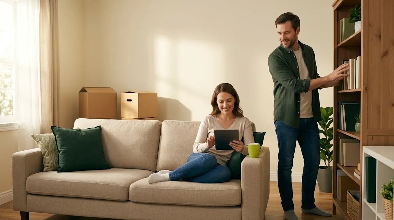 Professional marketing photography of an organized, stress-free couple taking a home inventory in a warmly lit, inviting livi