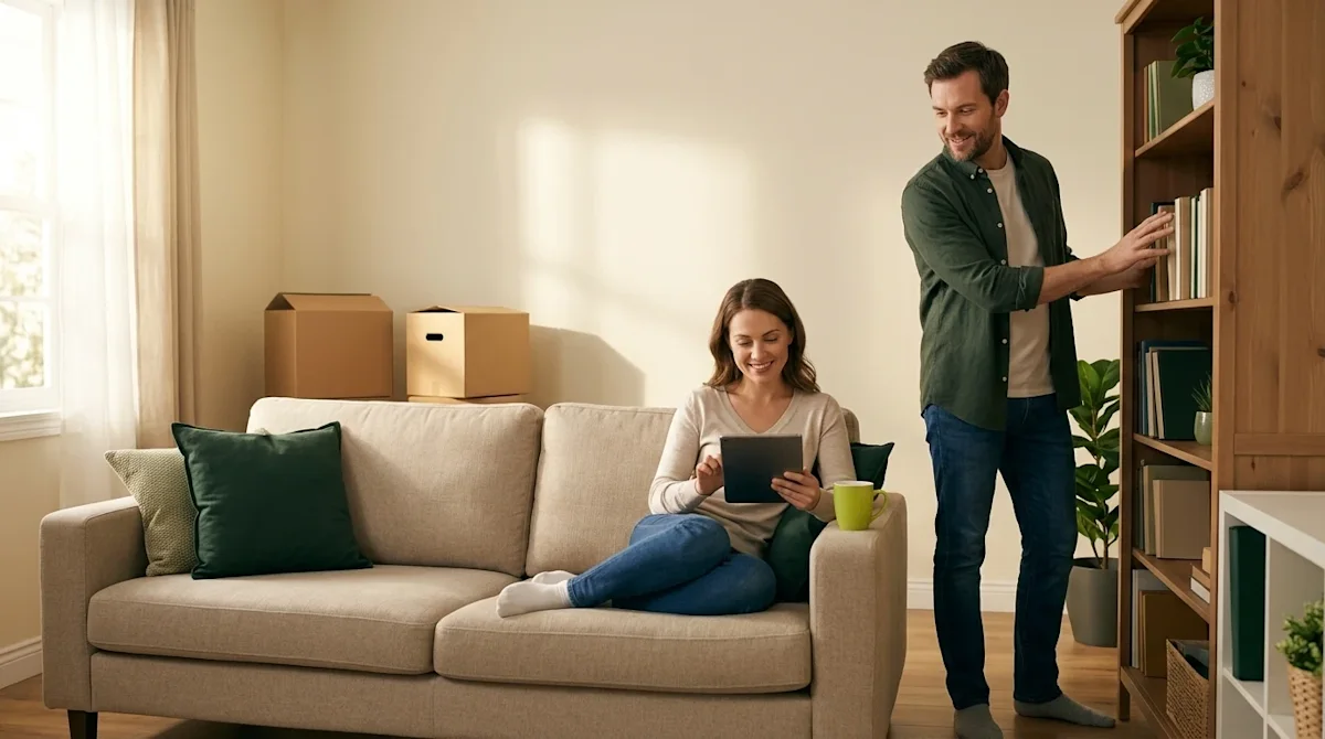 Professional marketing photography of an organized, stress-free couple taking a home inventory in a warmly lit, inviting livi