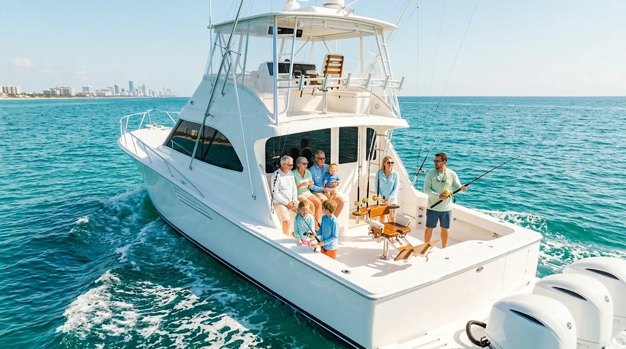 Professional lifestyle photography, wide-angle cinematic shot designed for a blog hero image. A pristine white sport fishing