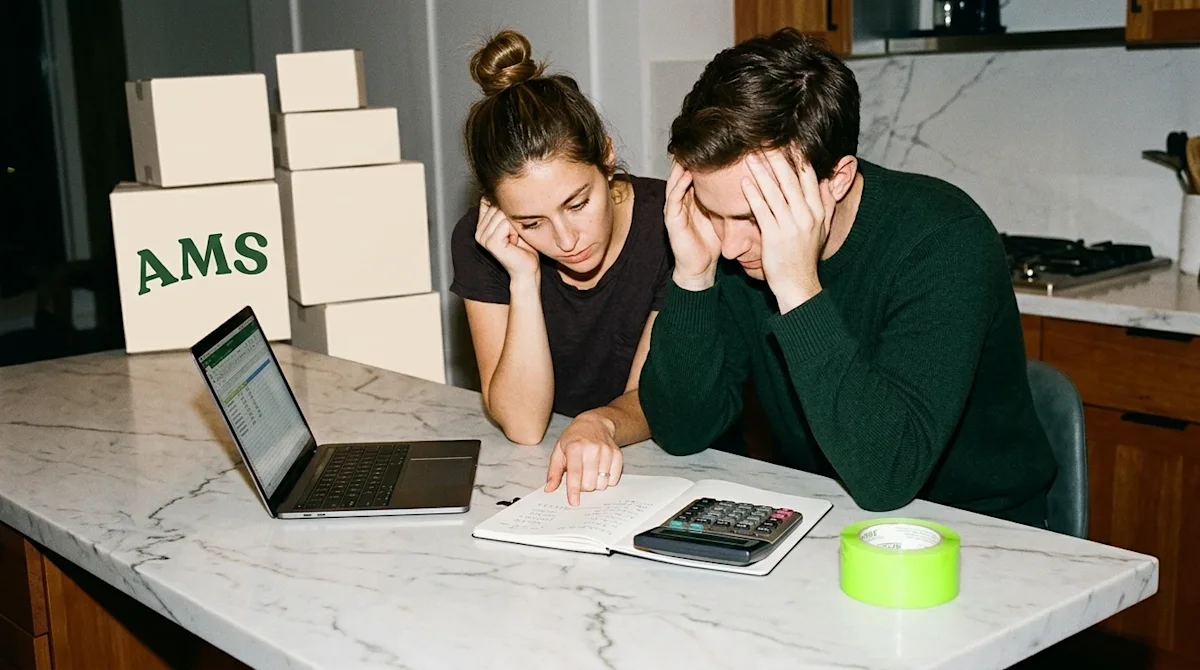 A candid lifestyle photograph of a young couple sitting at a modern kitchen island, looking thoughtfully at an open notebook,