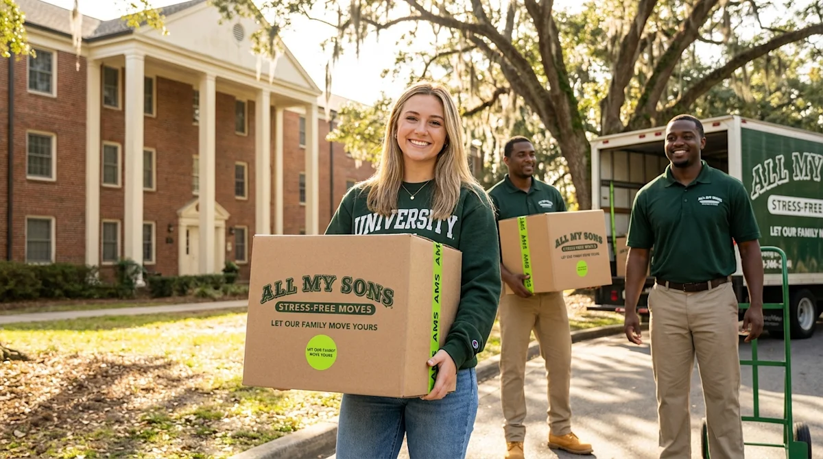 Student with All My Sons box moving into college dorm in Baton Rouge with professional movers helping.