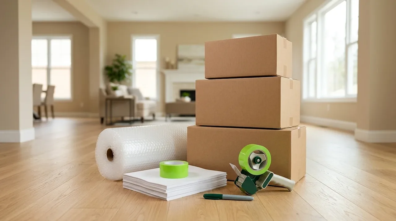 A professional marketing photograph of premium packing supplies thoughtfully organized for a large move, set inside a bright,
