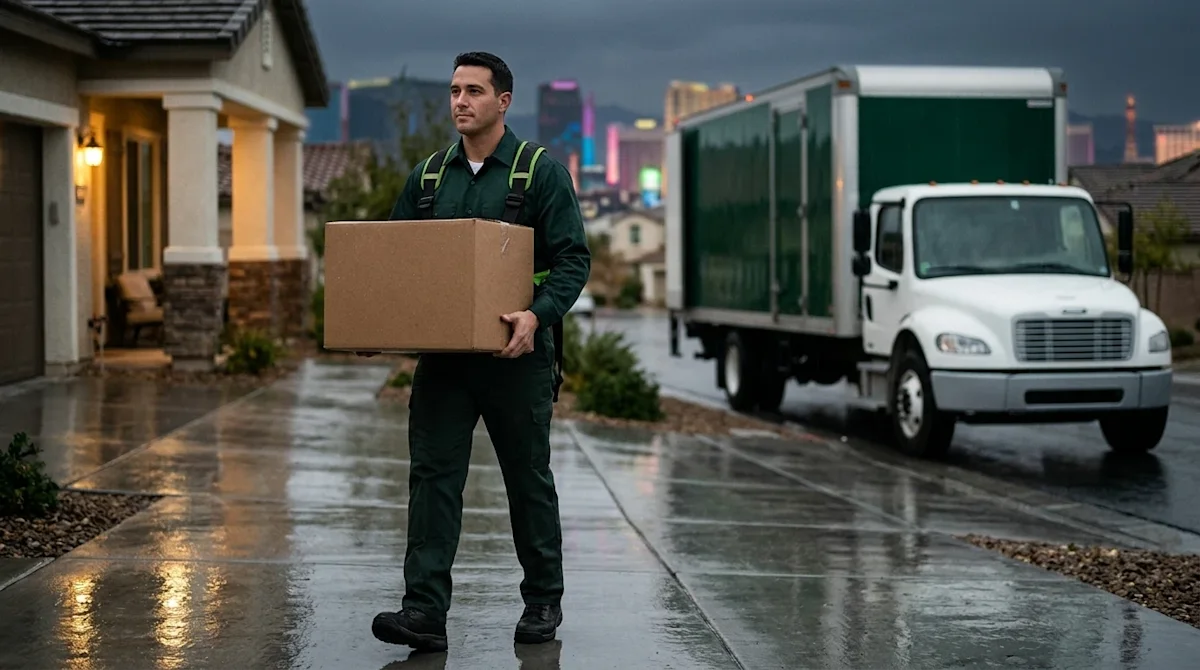 Professional marketing photography, clear and realistic lifestyle shot of a stress-free moving day in Las Vegas during a gent