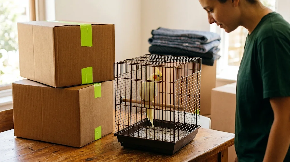 A candid, warm lifestyle photograph of a pet cockatiel sitting safely inside a secure wire travel cage, prepared for moving d