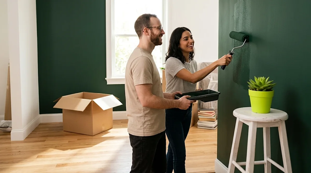 Clear, professional marketing photography of a young couple completing an easy DIY home upgrade in their freshly moved-in liv