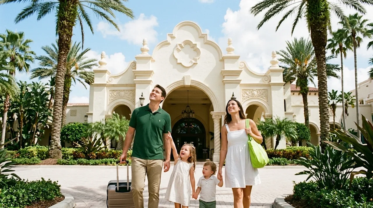 Candid lifestyle photography of a joyful family arriving at a grand, whimsical, family-friendly resort in sunny Florida, look