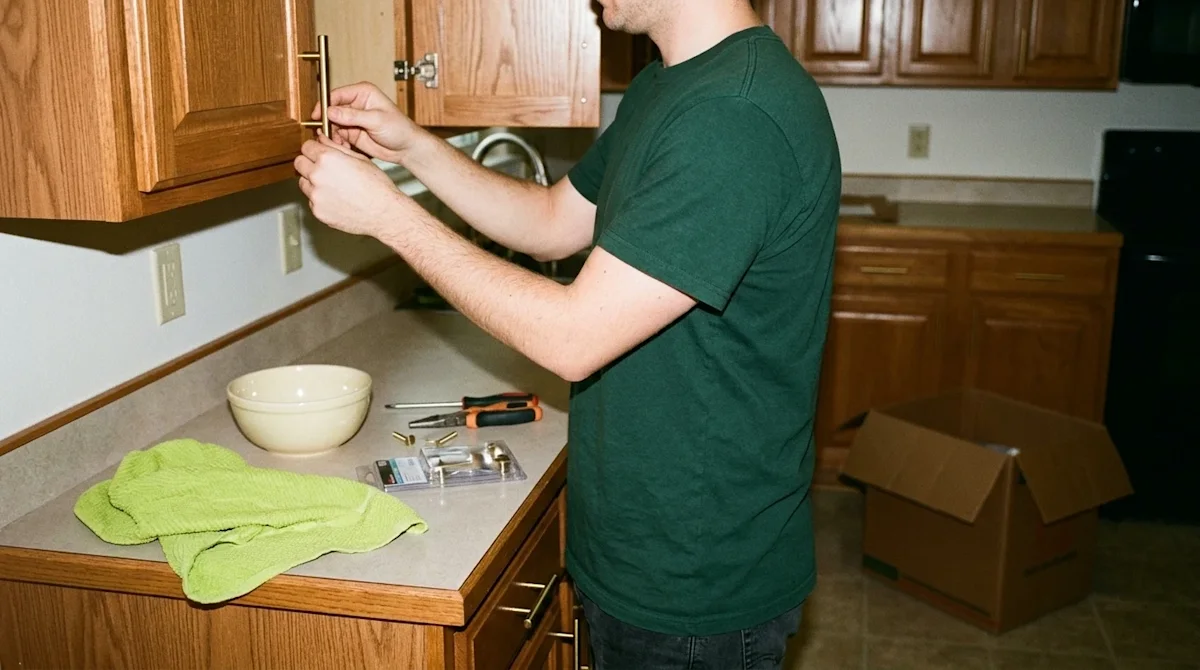 A candid, lifestyle film photograph of a homeowner performing an inexpensive kitchen upgrade in a cozy suburban home. The per