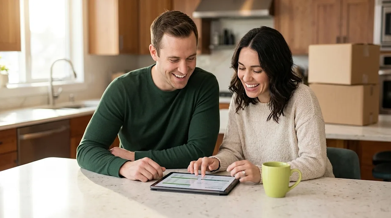Clear, professional marketing lifestyle photography of a happy couple sitting at an off-white kitchen island in their newly p