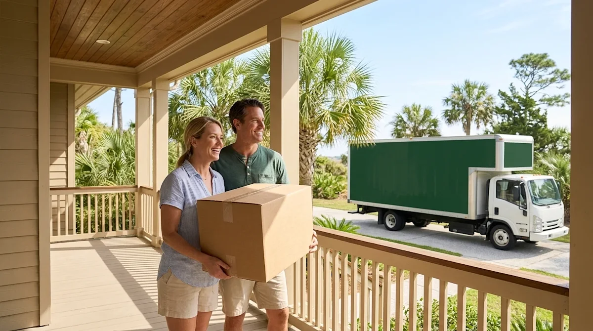 Professional marketing photography of a happy, relaxed couple standing on the sunlit porch of a beautiful coastal home in Hil